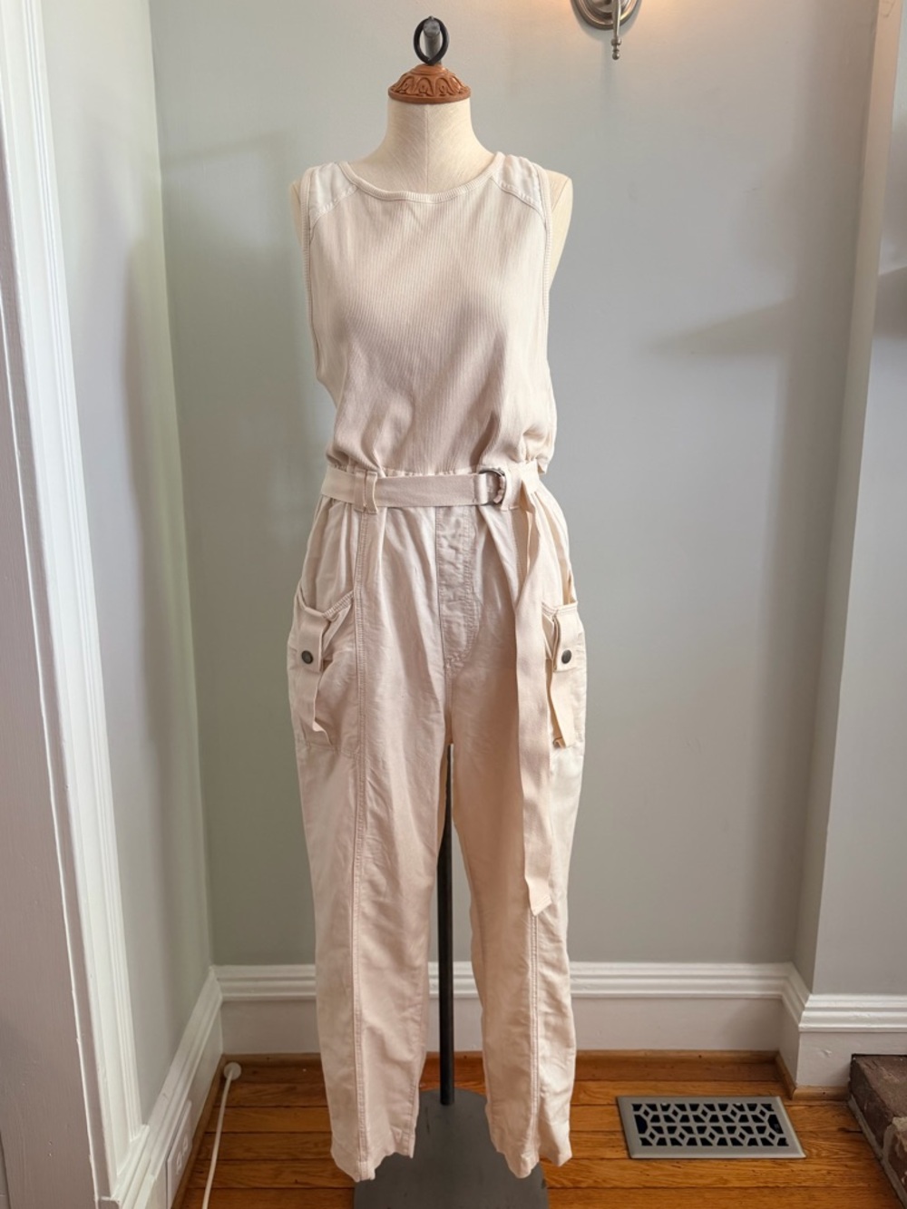 Free People Sleeveless Utility Jumpsuit in Light Cream